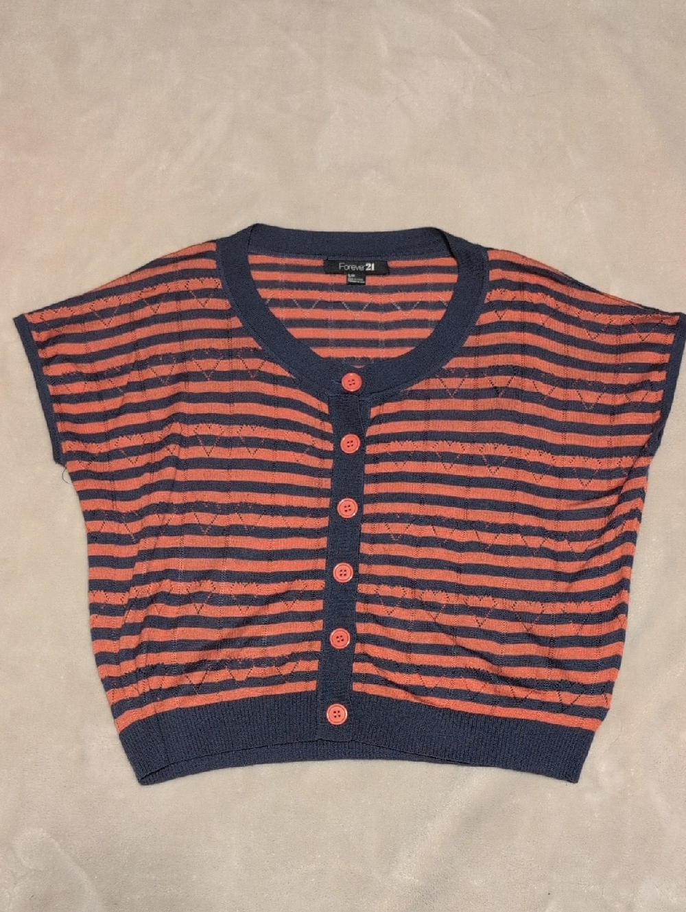 Forever 21 Navy and Coral Striped Button Crop Top